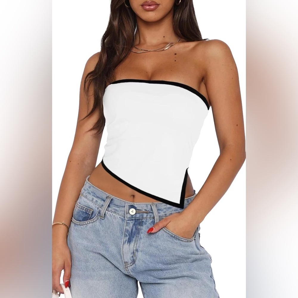 Y2K Strapless White with Black Trim Tube Top Womens L‎ Asymmetric Crop Top New